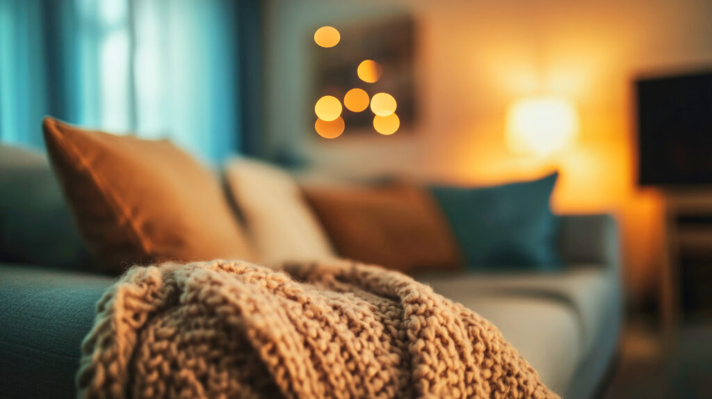 Cozy living room with a comfy couch, soft pillows, and a warm knitted blanket
