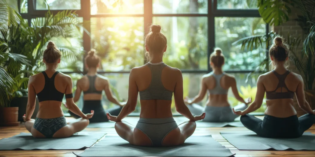 Five women in lotus pose face a sunny window overlooking lush green foliage.